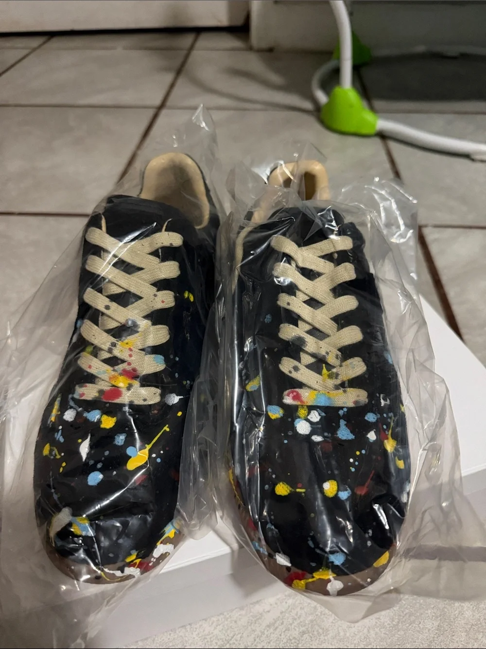 Maison Martin Margiela Black Leather Sneakers with Multicolor Paint Splatter